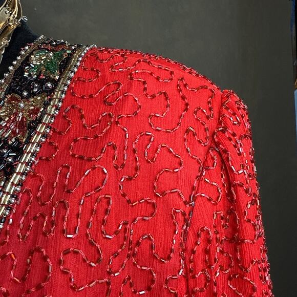 Laurence Kazar Red Beaded Silk Open Front Jacket Cardigan Plus Size 2X - Picture 6 of 13